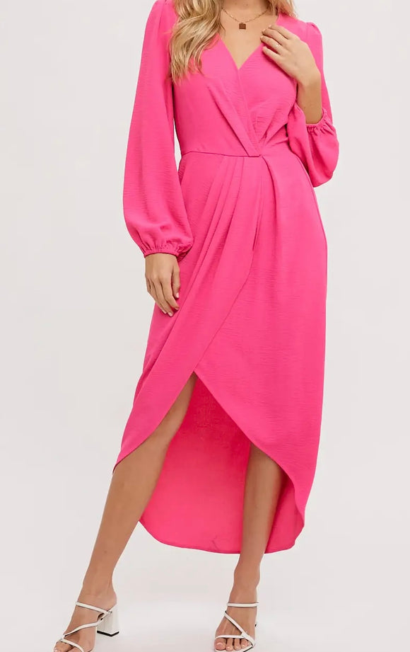 Kerra Wrap Midi Dress- Hot Pink