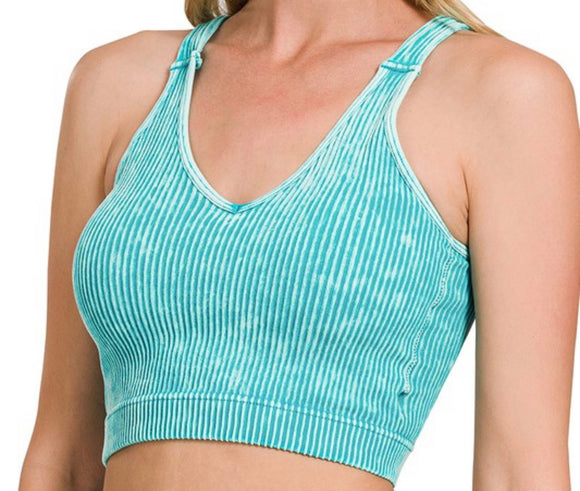 Washed Ribbed Crop Top w. Pads- Light Teal