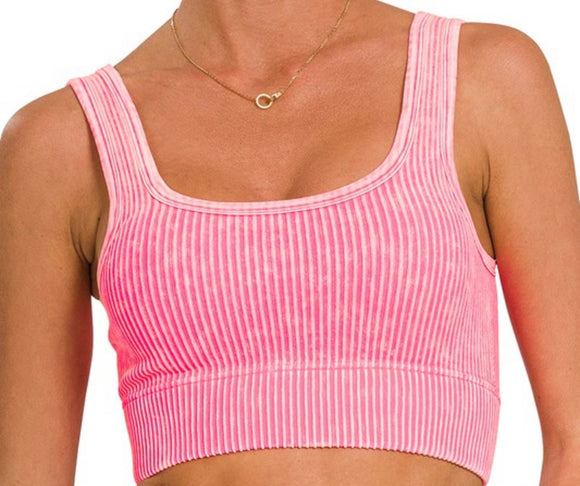 Washed Square Neck Crop Top w. Pads- Neon Fuchsia