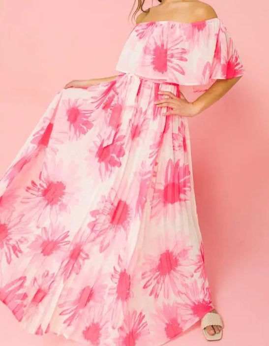 Abbie Off the Shoulder Pleated Floral Maxi Dress- Pink