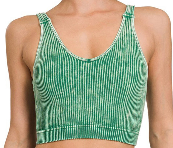 Washed Ribbed Crop Top w. Pads- Kelly Green