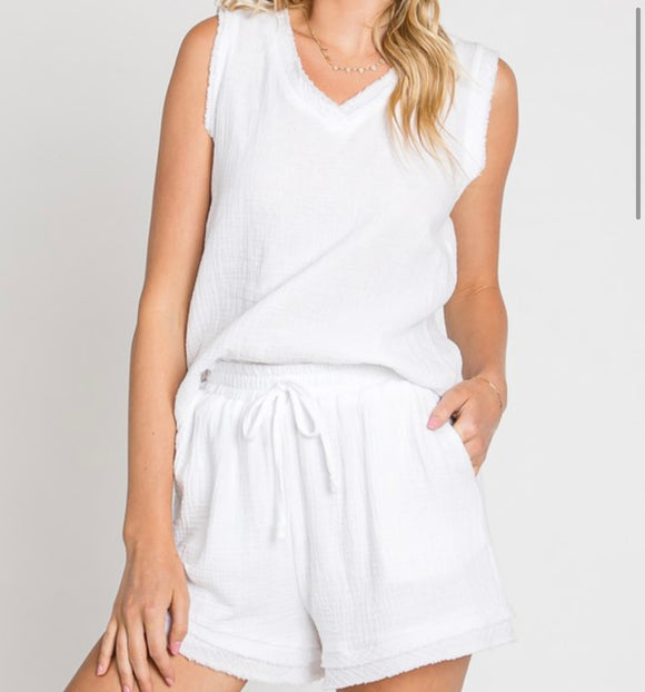 Cotton Gauze Top + Shorts Set - White