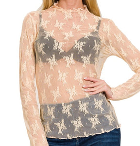 Willow Sheer Mesh Lace Top- Nude