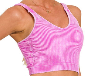 Washed Ribbed Crop Top w. Pads- Bright Mauve