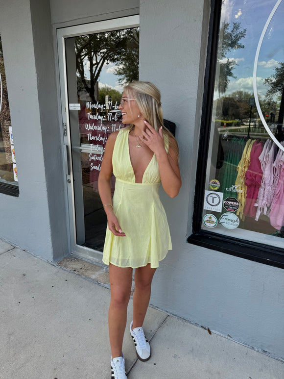 Shelbie Plunge Neck Mini Dress- Lemon