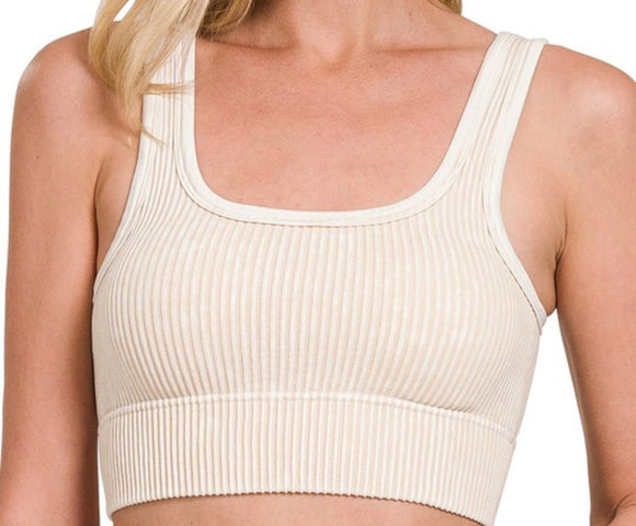 Washed Crop Top w. Pads- Sand Beige