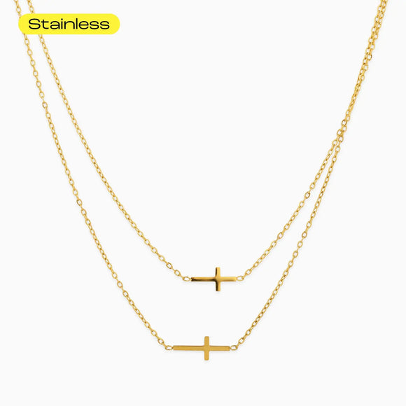 Stainless 2 Layered Gold Cross Necklace