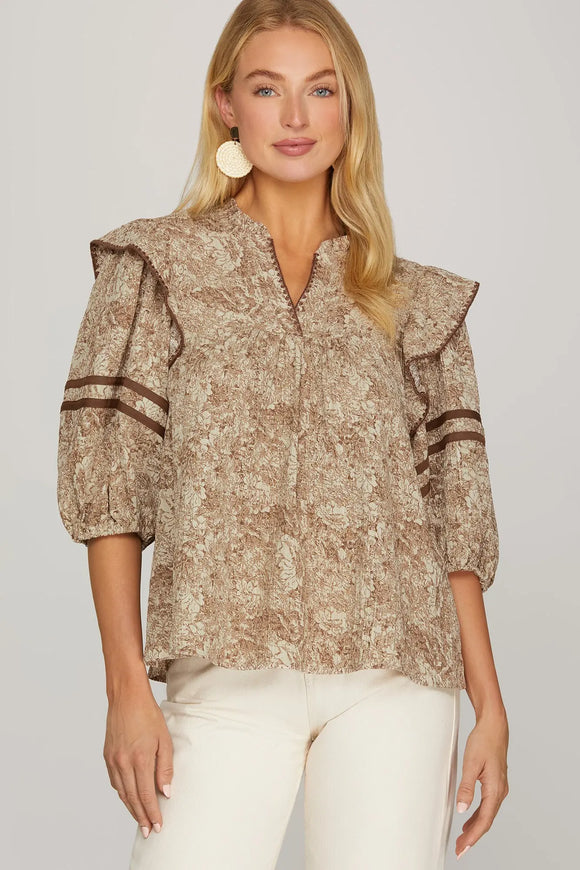 Amy Woven 3/4 Sleeve Blouse- Mocha