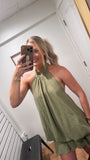 Plaid Halter Neck Mini Dress- Olive