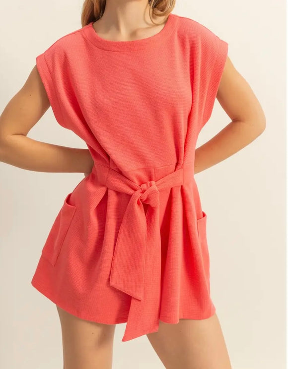 Tasha Waffle Knit Tie Romper- Coral
