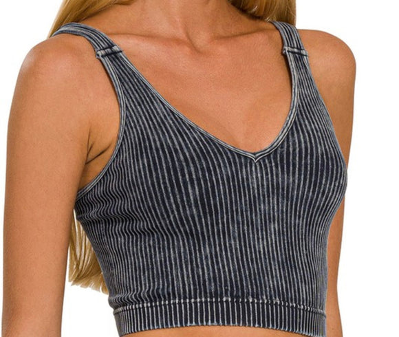 Washed Ribbed Crop Tank Top- Ash Black