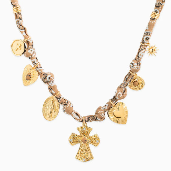 7 Charm Cross Beige Paisley Scarf Necklace