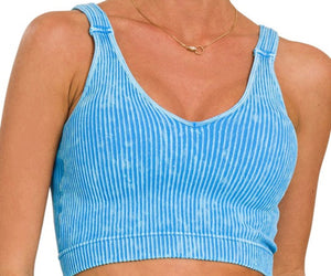 Washed Ribbed Crop Top w. Pads- Deep Sky