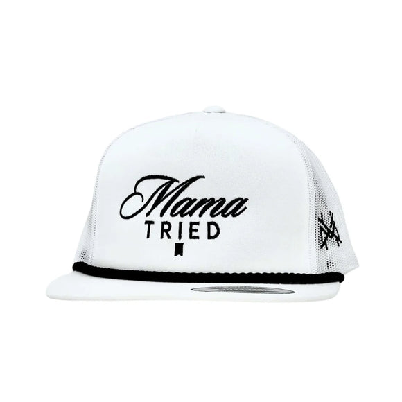 Mama Tried Mad Hatter Flat Bill Hat- White