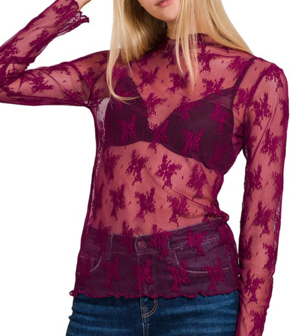 Willow Sheer Mesh Lace Top- Cabernet