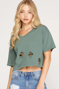 Lauren Knit Distressed Crop Top- Cactus Green