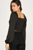 Rose Long Sleeve Satin Smocked Top- Black