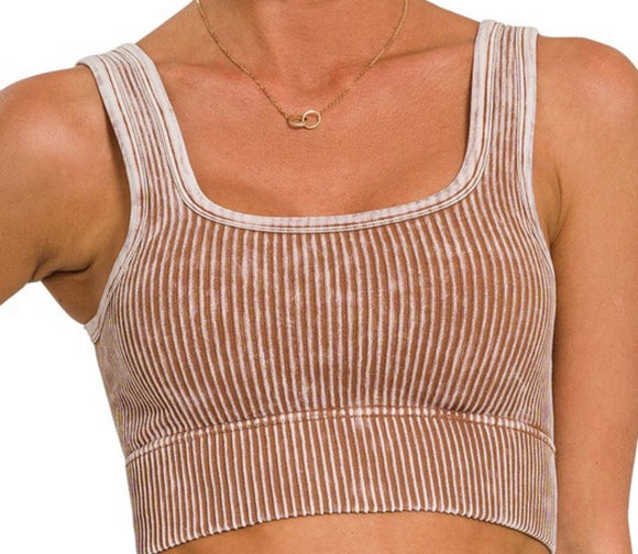 Washed Crop Top w. Pads- Deep Camel