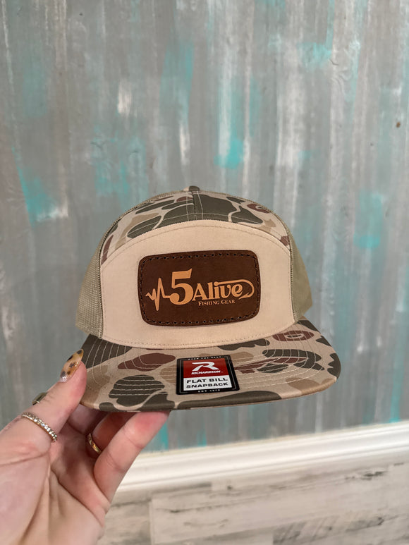 5Alive Richardson Flat Bill Hat- Green Harvest Camo Brown Leather Patch