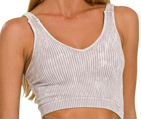 Washed Ribbed Crop Tank Top- Sleet