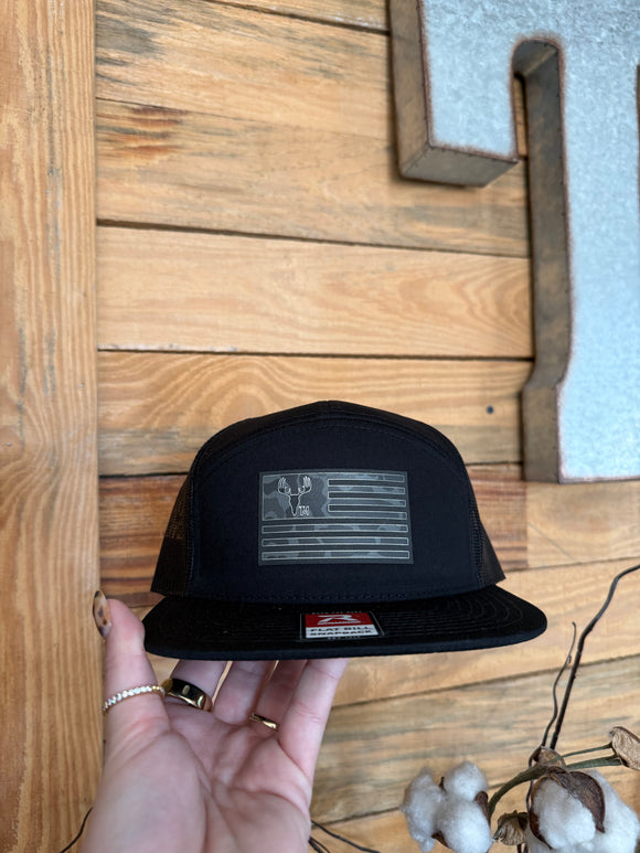 Twisted Moon Richardson Deer Flag Flat Bill- Black/ Black Camo Patch