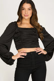 Rose Long Sleeve Satin Smocked Top- Black