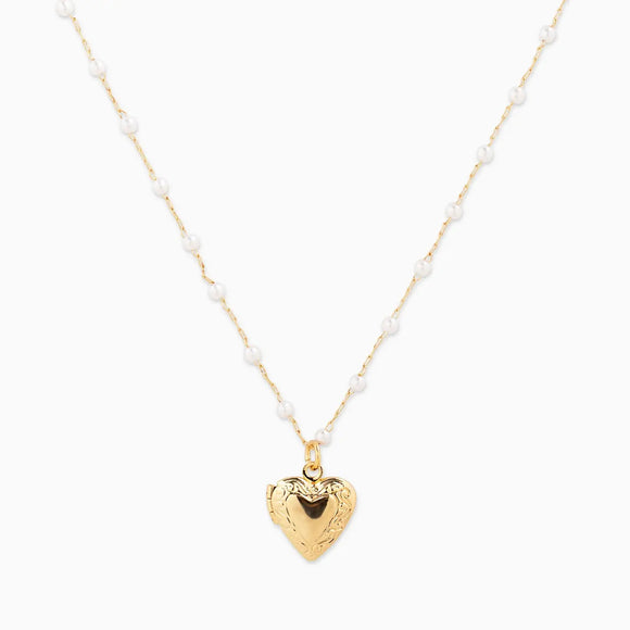 Western Heart Locket Pendant Pearl Mix Chain Necklace