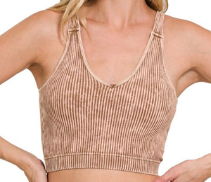 Washed Ribbed Crop Top w. Pads- Deep Camel