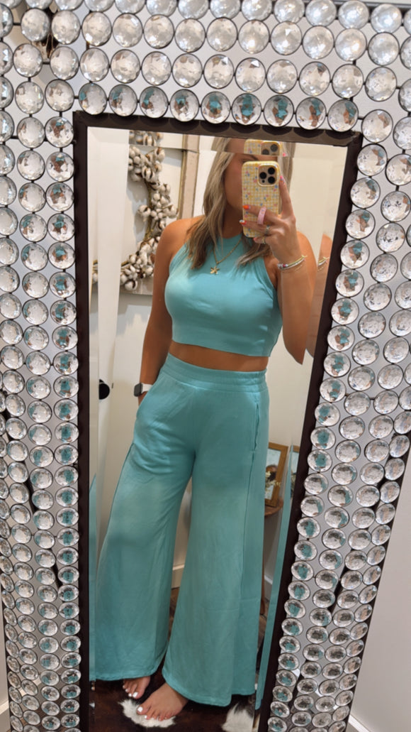 Popular Girl Halter Neck Crop Top Pant Set- Aqua