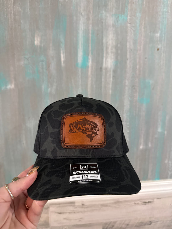 5Alive Richardson Hat- Black Camo Brown Leather Patch