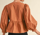 Olivia Bow Tie Peplum Blouse- Toffee