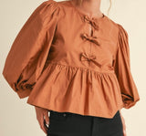 Olivia Bow Tie Peplum Blouse- Toffee