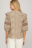 Amy Woven 3/4 Sleeve Blouse- Mocha