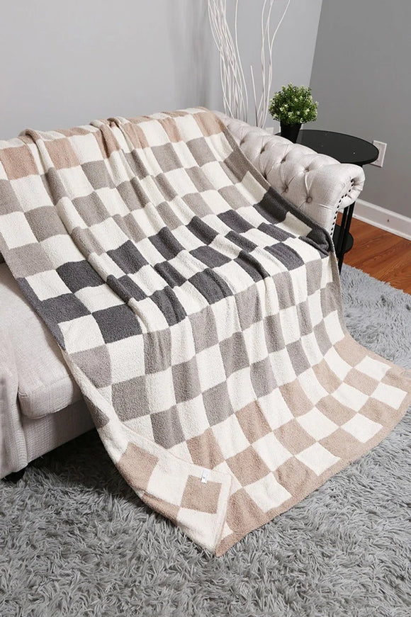 Multi Color Checkered Throw Blanket- Grey + Beige