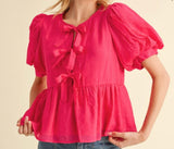 Lover Girl Bow Peplum Blouse- Fuchsia