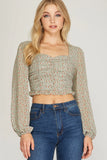 Jaci Floral Ruched Top- Seafoam