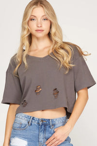 Lauren Knit Distressed Crop Top- Charcoal