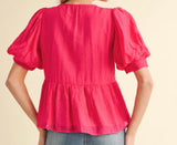 Lover Girl Bow Peplum Blouse- Fuchsia