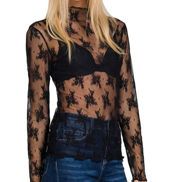 Willow Sheer Mesh Lace Top- Black