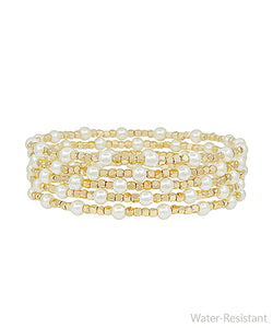 5pc Gold + Pearl Beaded Bracelet Set