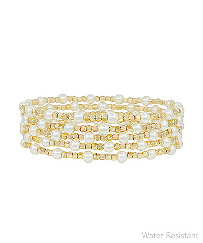 5pc Gold + Pearl Beaded Bracelet Set