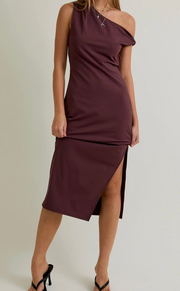 Olivia Twisted Shoulder Dress- Chocolate