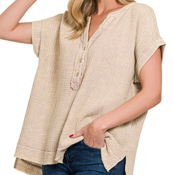 Washed Gauze 3/4 Henley Neck Shirt- Ash Mocha