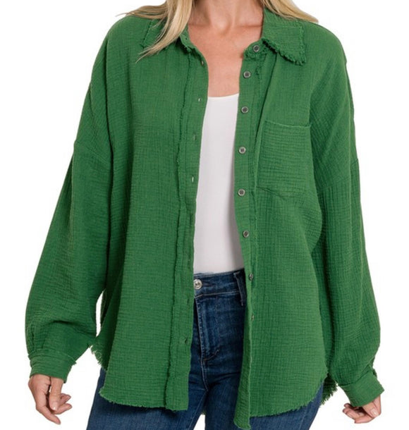 Darla Gauze Oversized Shirt- Dark Green