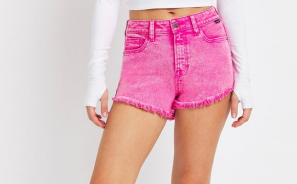 Kellie High Rise Mom Shorts- Hot Pink