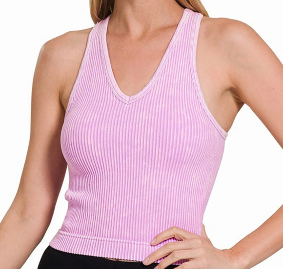 Washed Ribbed VNeck Crop Top w. Pads- Lavender