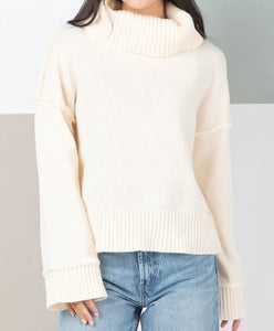 Turtleneck Solid Cozy Sweater Top- Cream