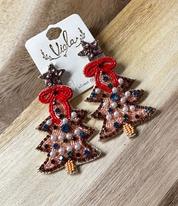 Pink Bow Christmas Tree Beaded Earrings