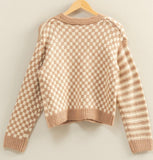 Checkered + Stripe Knit Cardigan Sweater- Taupe