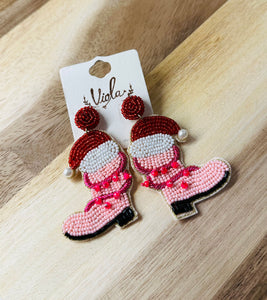 Pink Santa Hat Boot Beaded Earrings